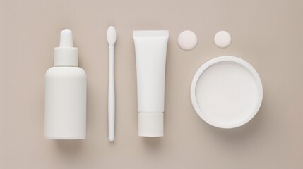 Flat lay of white cosmetic containers and applicators on a beige background, including a dropper bottle, a tube, a brush, and a round container
