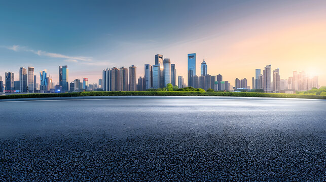 Panoramic skyline and modern commercial buildings with empty road Asphalt road and cityscape at sunrise : Generative AI