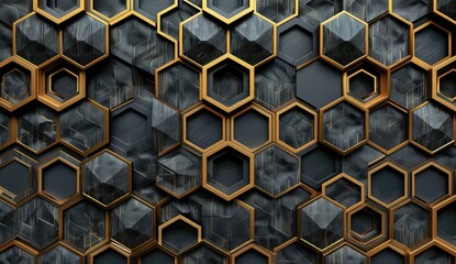 3d render of abstract background with black and gold geometric pattern in seamless wall paper...