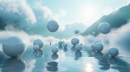 3d Serene Spheres Floating in Ethereal Environment, Inspiring Harmony and Tranquility