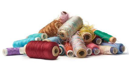 spool of sewing thread used in fabric and textile industry, multi or different colors isolated...
