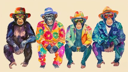 quirky apes in mismatched colorful outfits birthday party invitation playful illustration