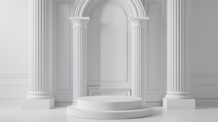 A minimalist white architectural interior with classical columns and an archway, featuring a round pedestal in the center