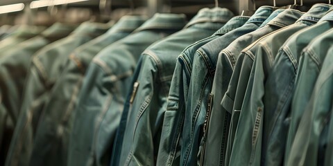 Display of jeans and denim jackets in a clothing store. Concept Fashion Display, Clothing Store, Denim Jackets, Jeans Collection, Store Layout