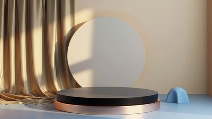 A minimalist scene with a round black platform in the foreground, a large circular backdrop, and a gold curtain draped to the side. The background is beige with soft lighting creating shadows