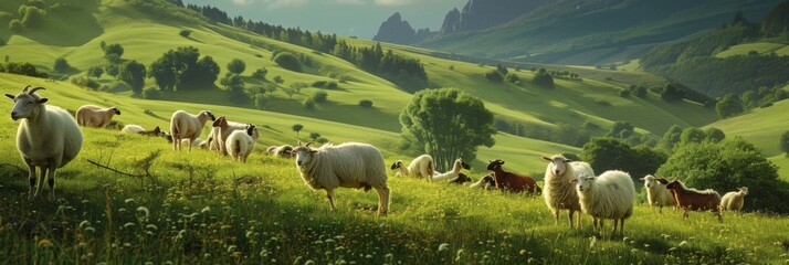 Sheep and goats coexist peacefully in a lush green pasture