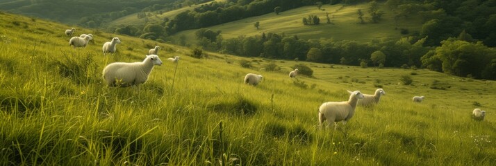 Sheep and goats coexist peacefully in a lush green pasture