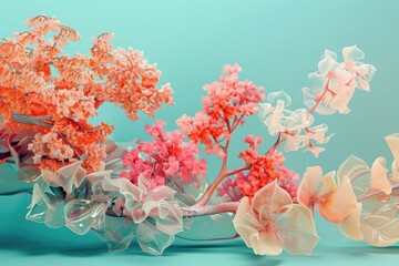 3D render of an abstract surreal plastic sculpture with coral branches and sea plants in pink and orange pastel colors on a turquoise background.