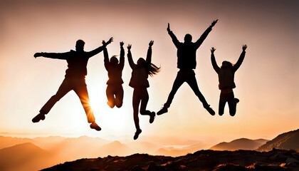 Silhouette of group of people jumping in the air in front of bright sunrise in mountain. Outdoor Activity with Friends at Sunrise. Excited People Jumping concept