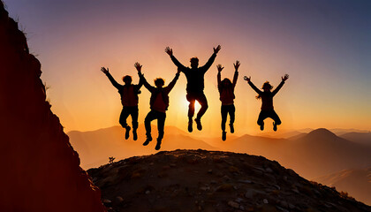 Silhouette of group of people jumping in the air in front of bright sunrise in mountain. Outdoor Activity with Friends at Sunrise. Excited People Jumping concept