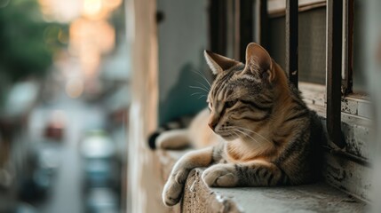 Cat basking in the warm sunlight on a windowsill