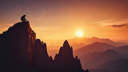 Overcoming obstacles with a person on mountain top. Celebrating success and achievements of business goals. Business person celebrating success on mountain top.