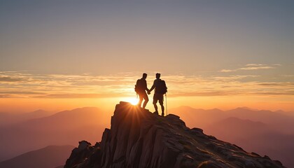 Together overcoming obstacles with two people helping each other on mountain top. Celebrating success and achievements of business goals. Business persons celebrating success on mountain top.