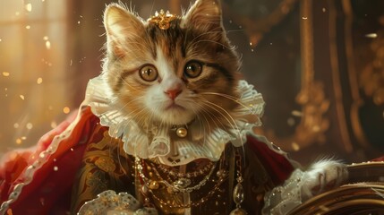 regal scottish fold kitten in renaissance noble attire surreal historical pet portrait digital painting