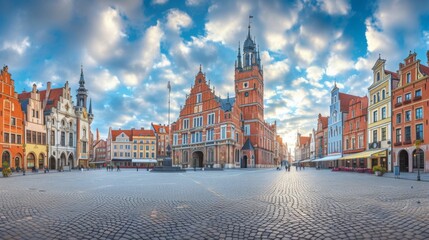 Naklejka premium Fairytale town hall dominates the main square, its grandeur enhanced by rich carvings and decorative details