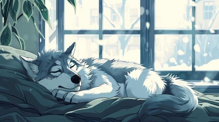 relaxed cute anime wolf sleeping peacefully at home cozy illustration background