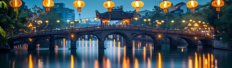 Cityscapes at dusk with a shot of a bridge glowing with softly lit lanterns