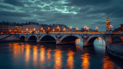 Bridge over a calm river decorated with illuminated lanterns