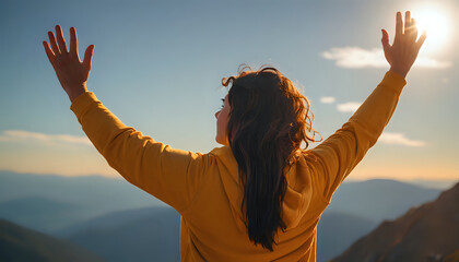 Young independent woman flexing her arms outdoor in mountains at sunset. Accomplishment, determination and self confident concept.