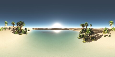 Environment map. HDRI map. Equirectangular projection. Spherical panorama. an oasis in the desert. 3d rendering
