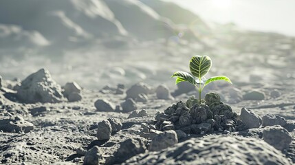resilient green plant sprouting through gray dusty lunar surface conceptual 3d illustration