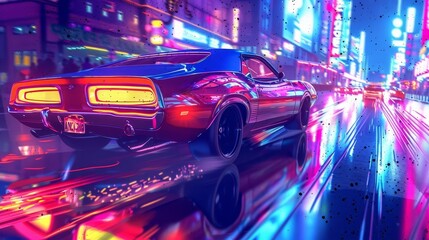 retro muscle car cruising neonlit city streets at night digital painting