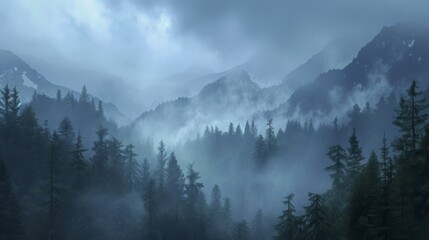 Obraz premium Fog covered forest located in the mountains at dawn, soft light filters through the trees