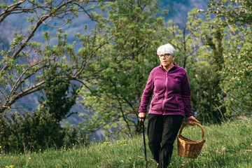 An elderly woman walks through a forest with a basket and a cane in her hand. The rays of the setting sun illuminate her with a warm glow.