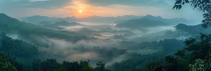 Mountain view with foggy environment during sunrise in the morning in rural of Thailand realistic nature and landscape - Powered by Adobe