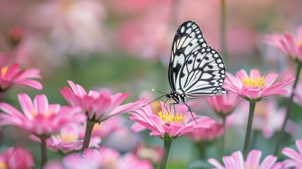 Naklejka premium rice paper butterfly pollinating pink daisies nature photography