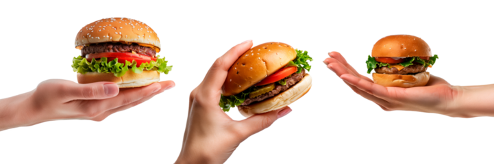 A set of burgers in hands isolated on a white or transparent background. Close-up of a burgers in hands, side view. Unhealthy consumption of fast food. Fast food photography.