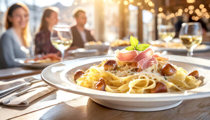 Pasta mit Maronen und Parmaschinken, im Hintergrund glückliche Gäste 