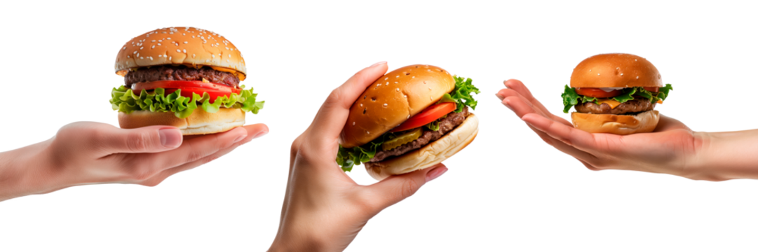 A set of burgers in hands isolated on a white or transparent background. Close-up of a burgers in hands, side view. Unhealthy consumption of fast food. Fast food photography.