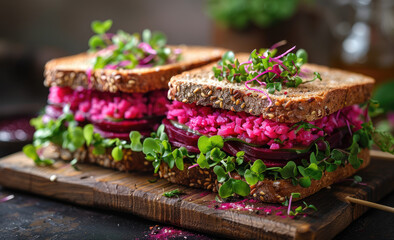 Roush farm sandwich with fresh beets, lettuce and micro greens on whole grain bread. Created with Ai