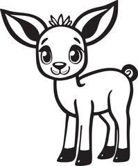 Cute Baby Deer Animal for Coloring Book, Black and White Cartoon Illustration