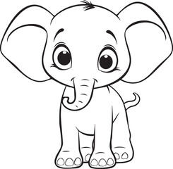 Cute Baby Elephant for Coloring Book, Black and White Cartoon Illustration