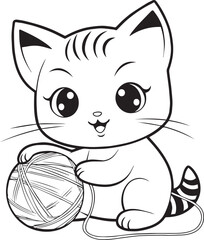 Obraz premium Cute Cat or Kitten with Ball of Wool for Coloring Book, Black and White Cartoon Illustration