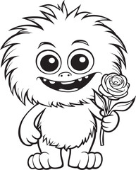 Cute Hedgehog with Rose Flower for Coloring Book, Black and White Cartoon Illustration