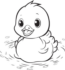 Cute Baby Duck for Coloring Book, Black and White Cartoon Illustration