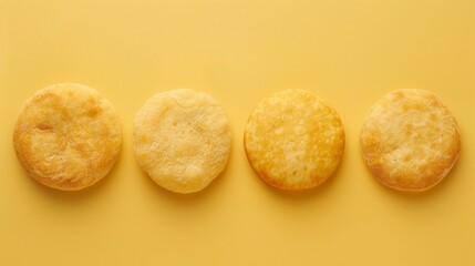 Four golden brown arepas arranged in a row on a yellow background