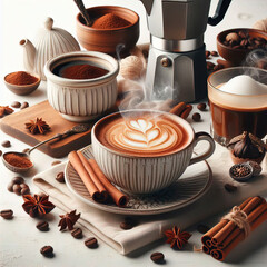 Cup of coffee, breakfast with coffee, steaming coffee, freshly brewed coffee