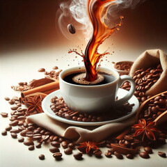 Cup of coffee, breakfast with coffee, steaming coffee, freshly brewed coffee