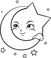 Cute Baby Star or Kid with Moon for Coloring Book, Black and White Cartoon Illustration