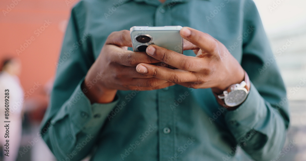Poster Hands, business and man with a smartphone, typing and connection with network, internet and social media. Person, closeup and employee with a cellphone, technology and mobile user with digital app