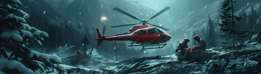 Fototapeta premium Dramatic Aerial Rescue of Injured Patient in Snowy Wilderness by Emergency Helicopter