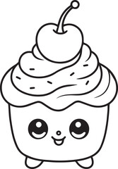 Cupcake - Black and White Cartoon Illustration of Cute Cupcake for Coloring Book
