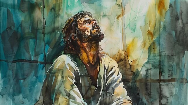 saint john the baptist imprisoned biblical scene of religious persecution christian watercolor illustration