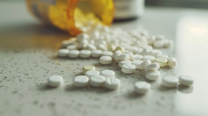 scattered prescription pills on a white countertop highlighting the alarming opioid epidemic and painkiller addiction crisis