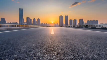 Obraz premium Asphalt road and bridge with modern city skyline at sunset in Ningbo Zhejiang Province China : Generative AI
