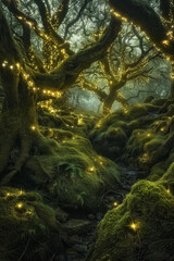 A mystical fairy tale forest illuminated by twinkling fairy lights, with moss-covered rocks, gnarled trees, and hidden glens.